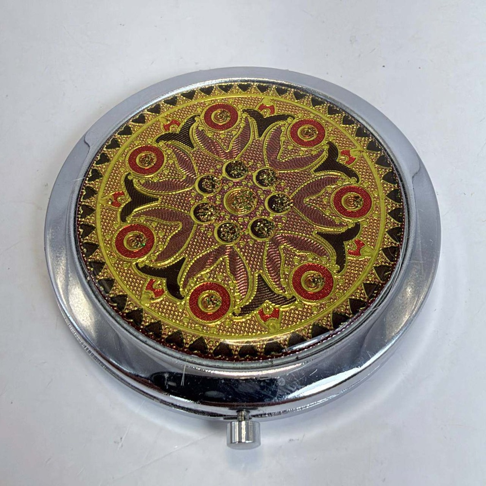 Thailand Souvenir Compact Mirror Silver Tone Gold Elephant Mandala Dual Sided